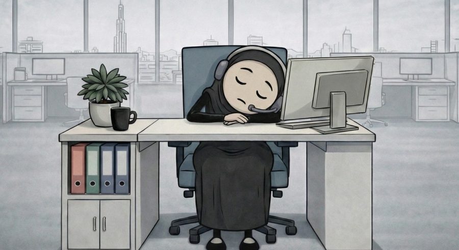 Exhausted agent slumped at desk